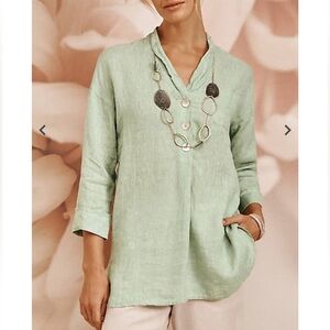 J.Jill Pure Jill 100% Linen Button Front Tunic Blouse Light‎ Green Women’s XS